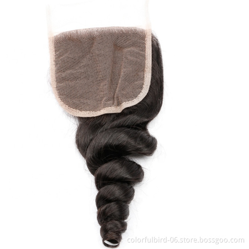 Wholesale  virgin remy hair loose wave 4*4 closure Swiss Lace Frontal natural color 4x4 lace Peruvian hair